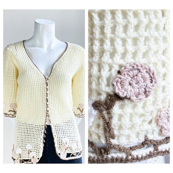 Vintage Ivory Crochet Floral Detail Pearl Button Closure  Open Knit Top S - Picture 1 of 8